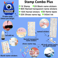 Ogelz Customized Name Stamp For Clothes-Cute Blue Monster Plus Personalised For Adult Kids Daycare Stickers Tag Label Preschool Nursing Home Washable Dryer Safe